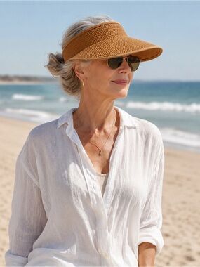 Tan Woven Straw Open Top Beach Sun Visor Hat